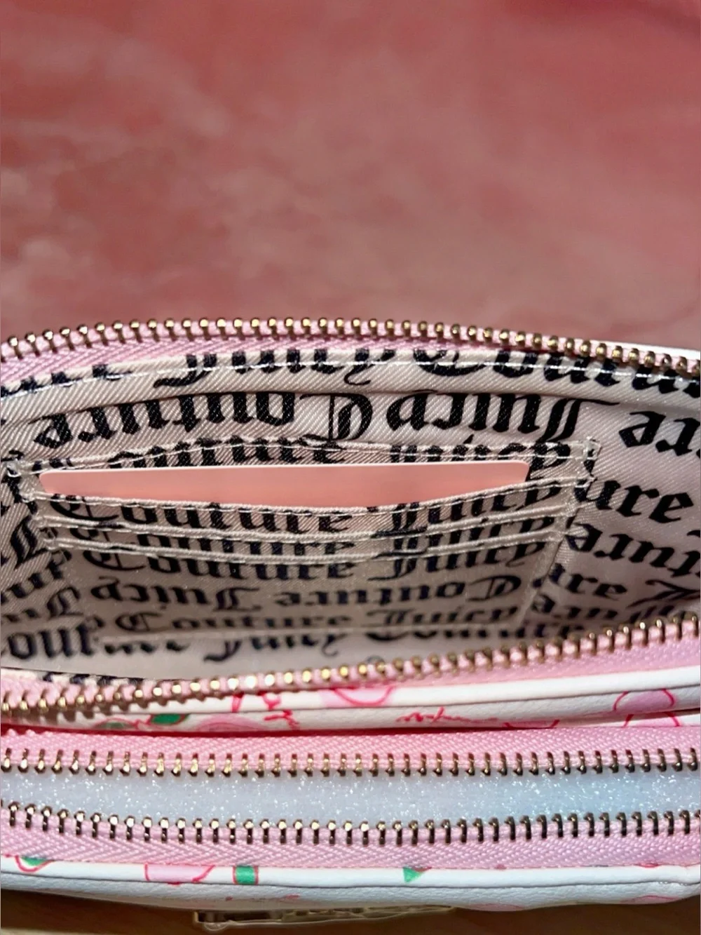 Juicy Couture Light Pink Cherry Wallet with Gold Logo and Pink Cherry Keychain